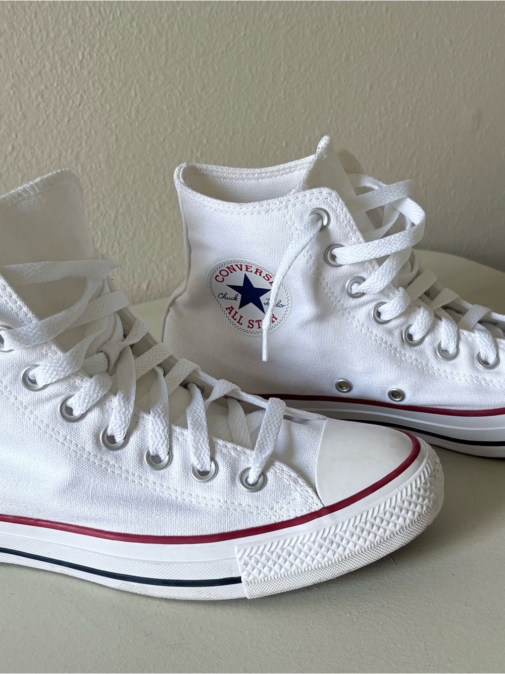 Converse White High Top Sneakers with Red & Navy Accents